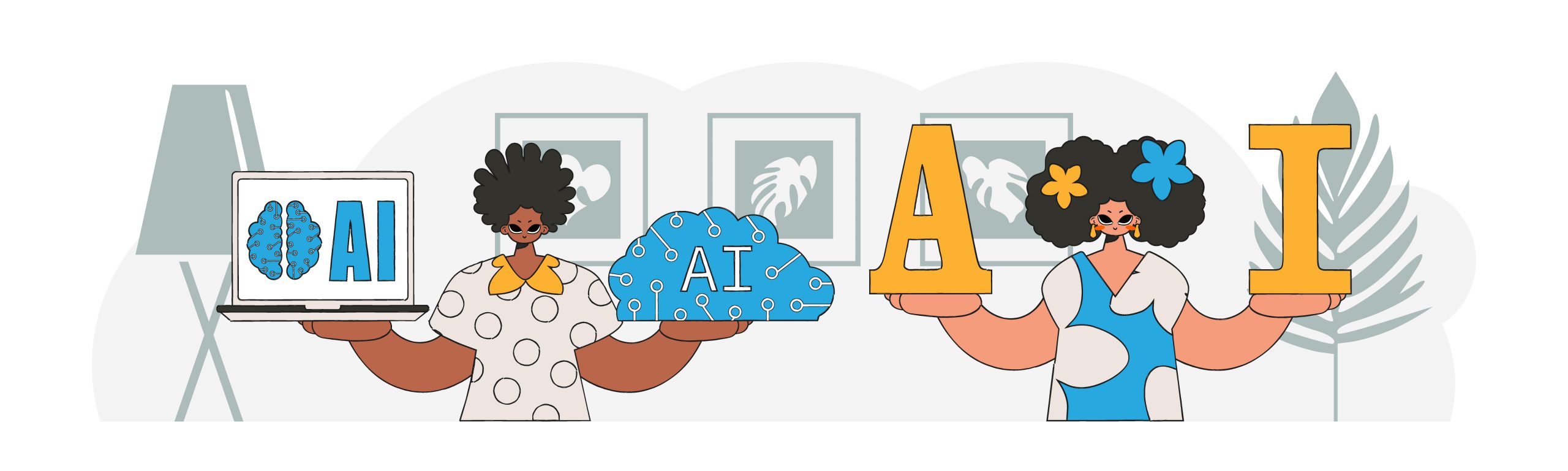 ?A pair of AI characters in fashionable apparel, illustrated in vector style.